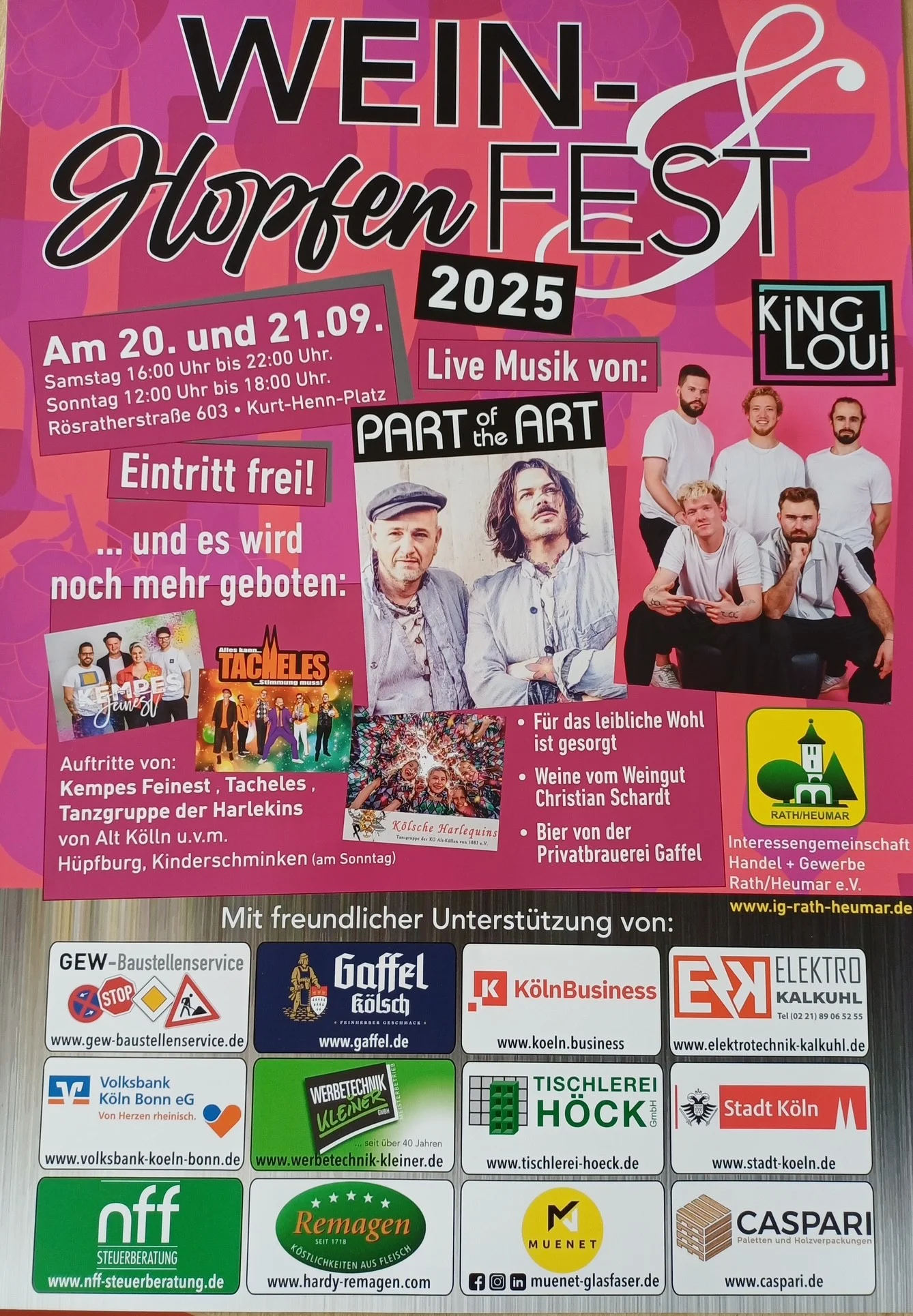 Wein- und Hopfenfest 2025 — Weinstände, Live-Musik und Kulinarik auf der Rösrather Straße.